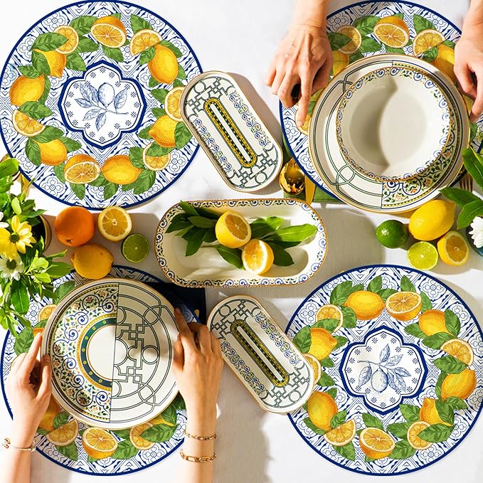 50 Pack Lemon Paper Placemats Disposable 50 Pack 13.7 Inch Cyan Blue Tiles Lemon Fruit Round Place Mats Summer Table Mats for Kitchen Dining Party Decoration