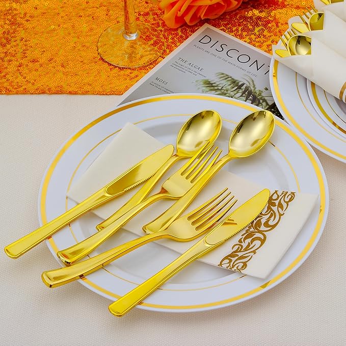 100 Pack Pre Rolled Gold Plastic Silverware Set with Napkins,Disposable Wrapped Heavy Duty Cutlery Set for Wedding Birthday Party-100 Forks,Knives,Spoons,Utensils Set,Plasticware Bulk