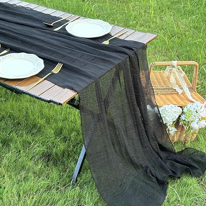 FEXIA Black Table Runner Cheesecloth 30x118 Inches Halloween Table Decor Rustic Boho Gauze for Wedding Baby Shower Bridal Shower First Communion and Home Decorations
