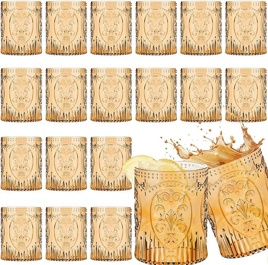 24 Plastic Vintage Drinking Glasses 8.5oz Stemless Retro Embossed Wine Glasses Shatterproof Reusable Cups for Baby Shower Wedding Reception Grand Event Party (Yellow)