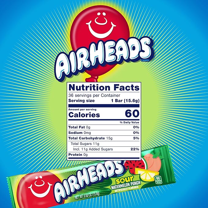 Airheads SOUR Candy Bars, Sour Watermelon Punch Flavored, Bulk, Concessions, Parties, Pack of 36 Bars