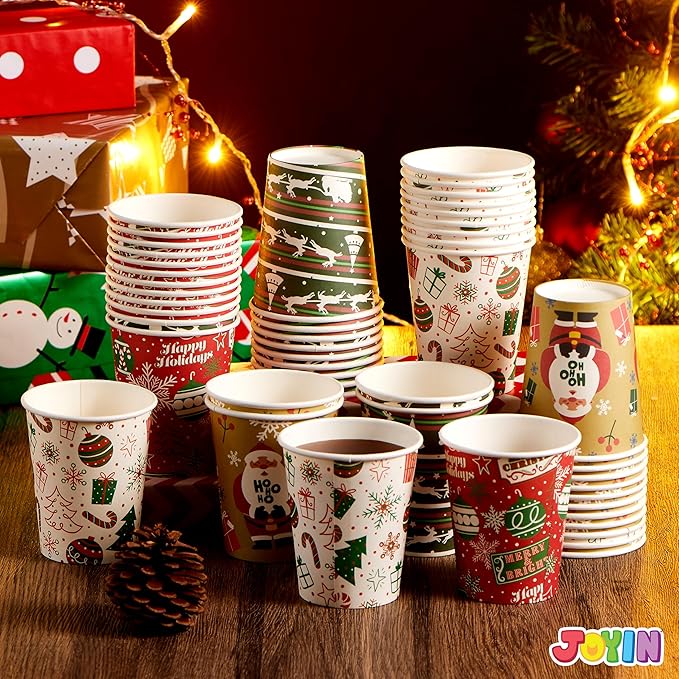 JOYIN 48 PACK Christmas Cups Disposable, 9 oz Paper Cups Holiday Winter Style Designs for Hot Chocolate Coffee & Tea, Xmas Party Drinkware, Party Supplies