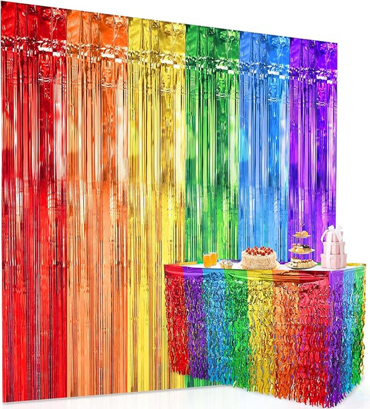Misutaa Rainbow Party Decorations,2 Pack Rainbow Wavy Foil Fringe Curtains,1 Pack Rainbow Wavy Table Skirt Party Decorations for Birthday Holiday Engagement Bridal Shower Unicorn Pride Party