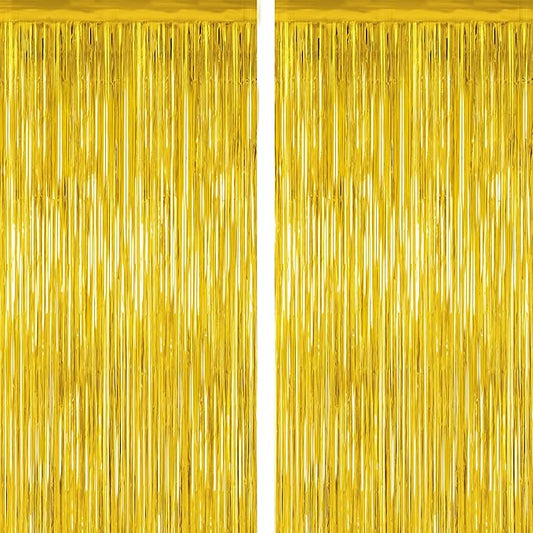 2 Pack Gold Tinsel Backdrop, 3.28 FT x 7.05 FT Metallic Fringe Curtain, Gold Color Graduation Backdrop Party Streamers, Party Supplies Door Decorations for Birthday Anniversaries
