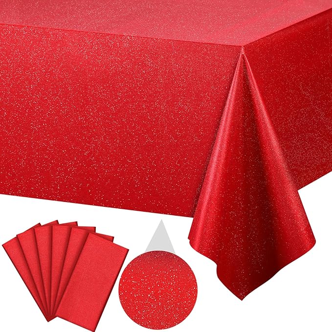 FunnyPars 6 Pack Iridescent Red Plastic Tablecloth,Glitter Disposable Laser Rectangle Table Covers,Red Holographic Foil Table Cloth Christmas Birthday Wedding Anniversary Party Decorations,54x108Inch