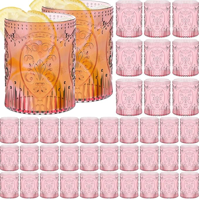 48 Plastic Vintage Drinking Glasses 8.5oz Stemless Retro Embossed Wine Glasses Shatterproof Reusable Cups for Baby Shower Wedding Reception Grand Event Party (Pink)