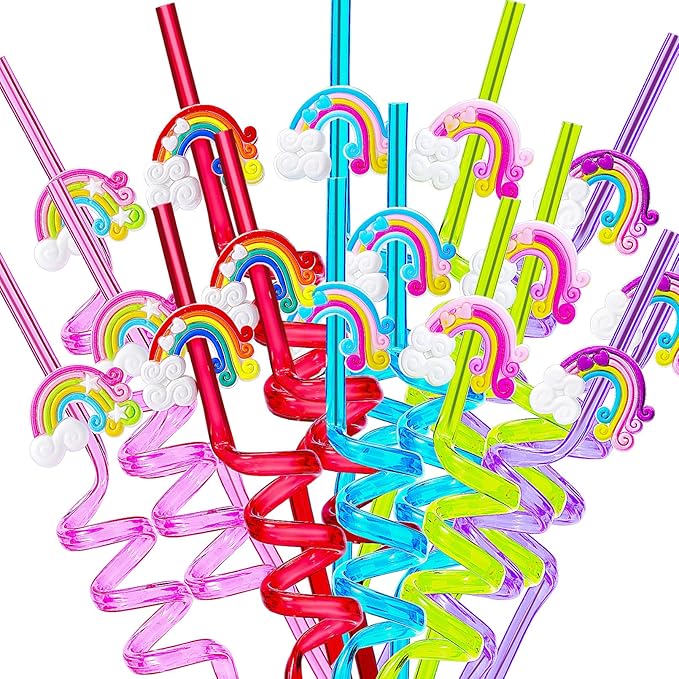 25 Reusable Colorful Rainbow Drinking Straws - Fun Rainbow Cloud Birthday Party Favors for Kids