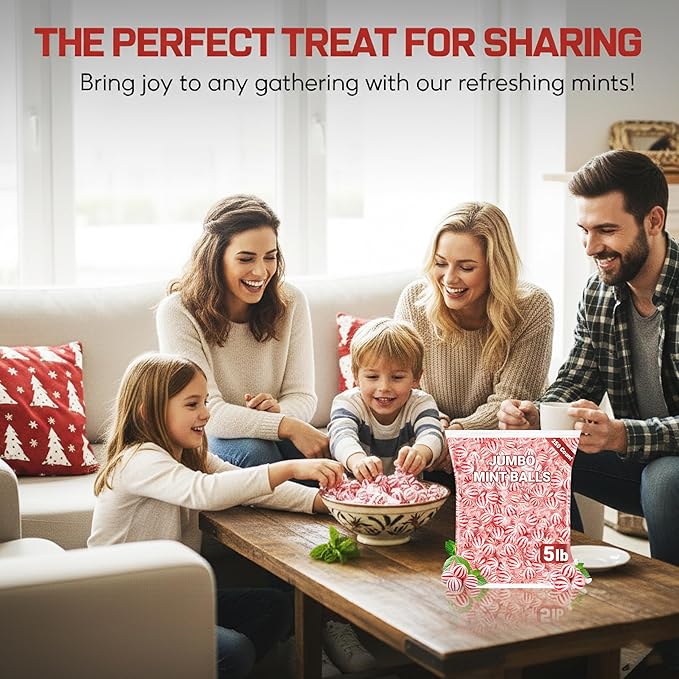 Peppermint Hard Candy 5 Pound Bulk Jumbo Peppermint Candy Balls, Approx 250 Individually Wrapped Mint Balls for Office Bowls, Christmas Candy Jars, and Holiday Party Favors