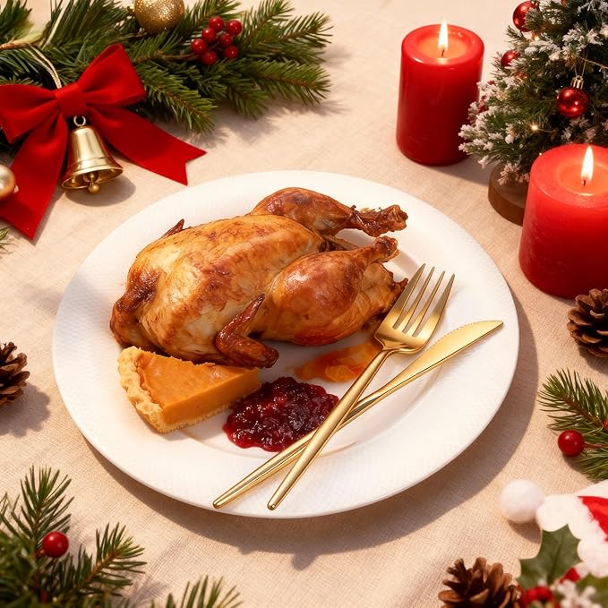 Rubtlamp 90Pcs Christmas Gold Plastic Silverware, Gold Disposable Christmas Utensils, Plastic Cutlery Include 30 Plastic Knives, 60 Forks and Spoons, Fancy Plastic Silverware Heavy Duty for Party