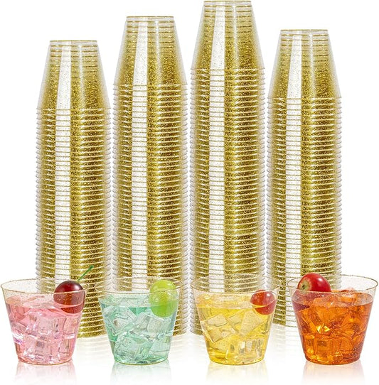 I00000 5oz 100 Pack Gold Glitter Plastic Cups, Glitter Disposable Small Plastic Cups, Disposable Clear Cup with Gold Glitter Shot Glasses, Small Tumbler Perfect for Wedding & Party