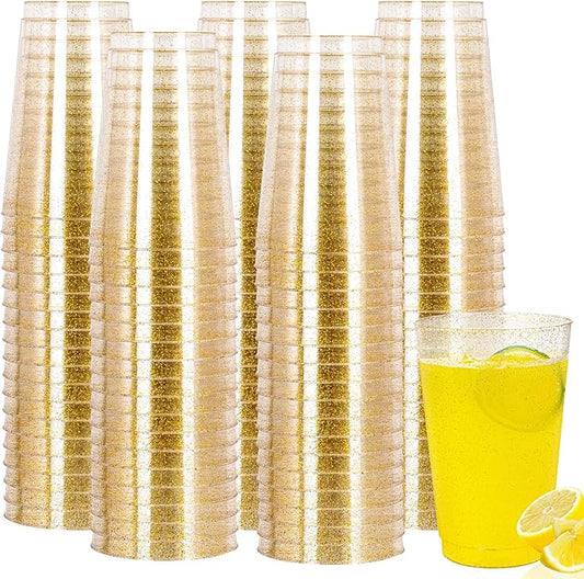 I00000 100 Pack 24 oz Gold Plastic Cups, Gold Glitter Cups Disposable Plastic Wine Glasses Cocktail Glasses Premium Cup, 24 Ounce Glitter Disposable Tumblers for Party & Wedding