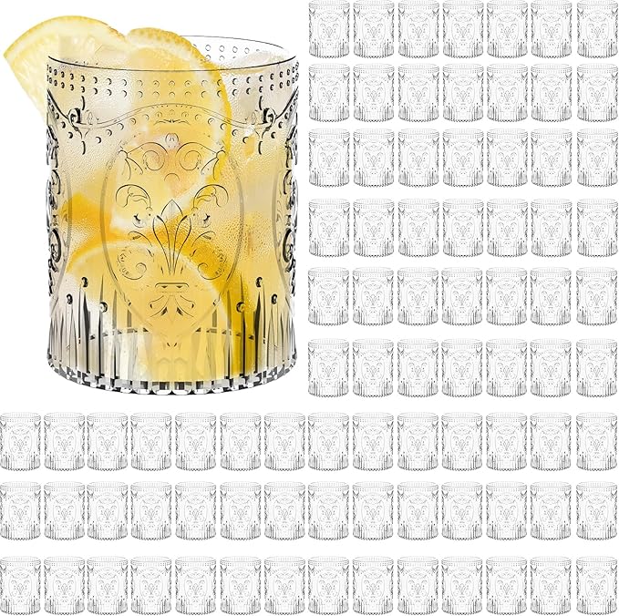 100 Plastic Vintage Drinking Glasses 8.5oz Stemless Retro Embossed Wine Glasses Shatterproof Reusable Cups for Baby Shower Wedding Reception Grand Event Party (Clear)
