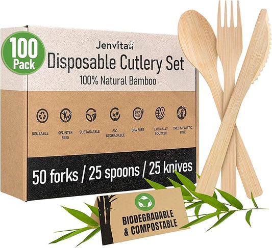 100% Bamboo Utensils Set - 100x Compostable Cutlery Set (50 Compostable Forks, 25 Disposable Spoons, 25 Biodegradable Knives) | Bamboo Silverware | FSC Certified for Weddings, Camping, Party