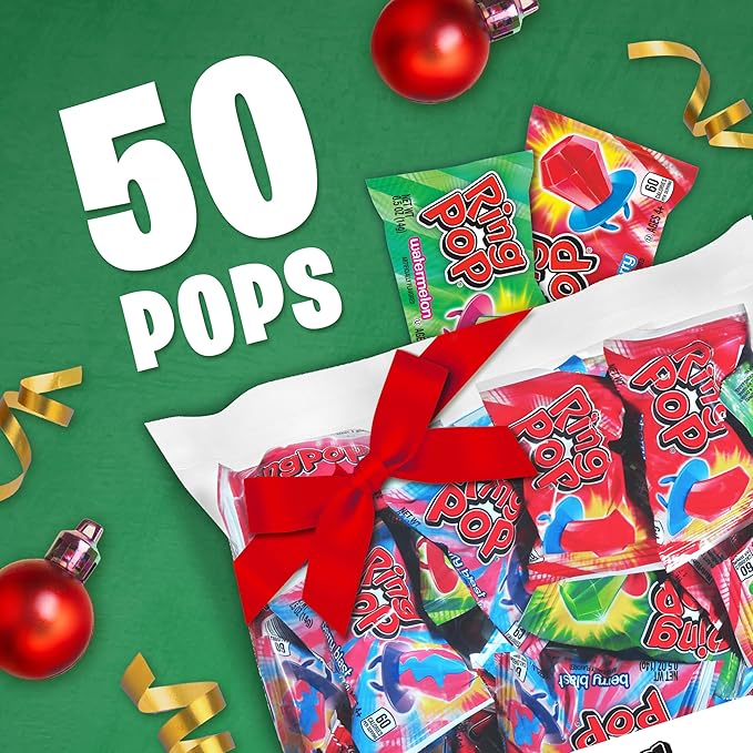 Ring Pop Candy, Christmas Lollipops, 50 Ct Party Favors in Assorted Fruity Flavors - Full Size, Bulk Variety Pack, Individually Wrapped Hard Candy For Stocking Stuffers, Holiday Candy Bowls, Gifts