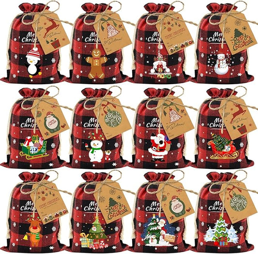 Aviski 36PCS Cotton Medium Christmas Drawstring Candy Treat Bags Buffalo Plaid Xmas Xmas Christmas Fabric Goody Gift Sacks Reusable Gift Wrapping Bags Holiday Party Favors - Red/Black