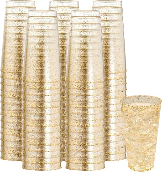 I00000 16 oz Gold Plastic Cups, 100 Pack Gold Glitter Plastic Cups Tumblers Disposable Party Cups Wedding Cups, Heavy-duty Plastic Disposable Cups Ideal for Halloween,Thanksgiving & Christmas Parties