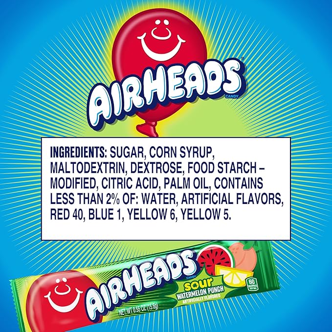 Airheads SOUR Candy Bars, Sour Watermelon Punch Flavored, Bulk, Concessions, Parties, Pack of 36 Bars