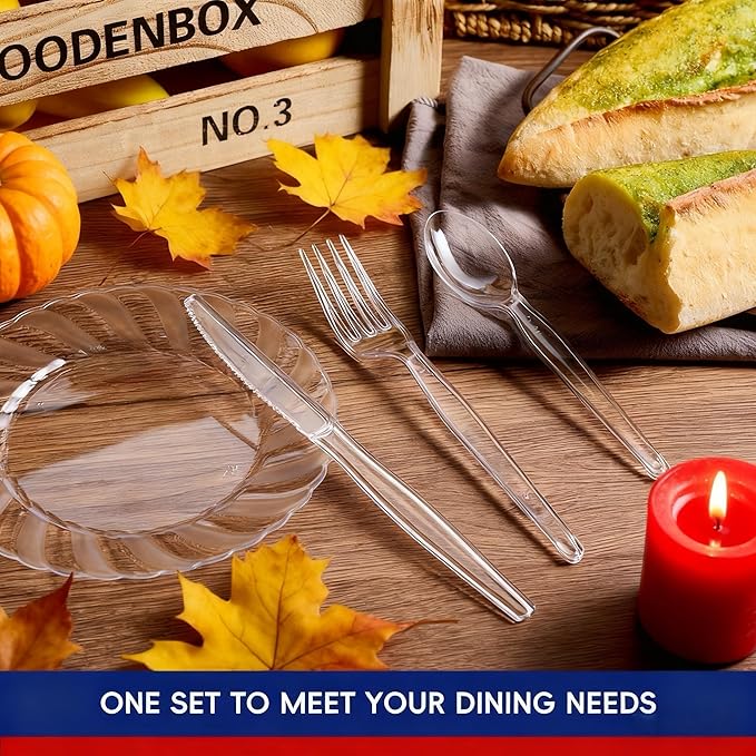 JOLLY CHEF 300 Count Clear Plastic Silverware, 100 Forks, 100 Spoons, 100 Knives, Heavy Duty Disposable Plastic Cutlery Set, Plasticware Bulk, Premium Clear Utensils for Party, Christmas