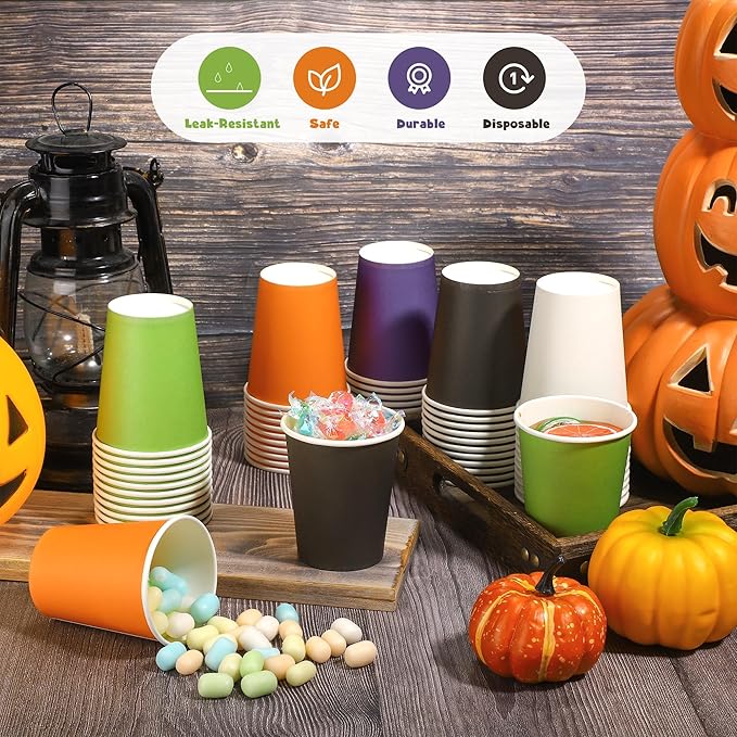 URATOT 60 Pieces Halloween Party Cups 9 Ounce Disposable Paper Cups Black and Orange Drinking Cup Cold Hot Drink Table Decor Supplies for Halloween Party, DIY, and Holiday, 5 Colors