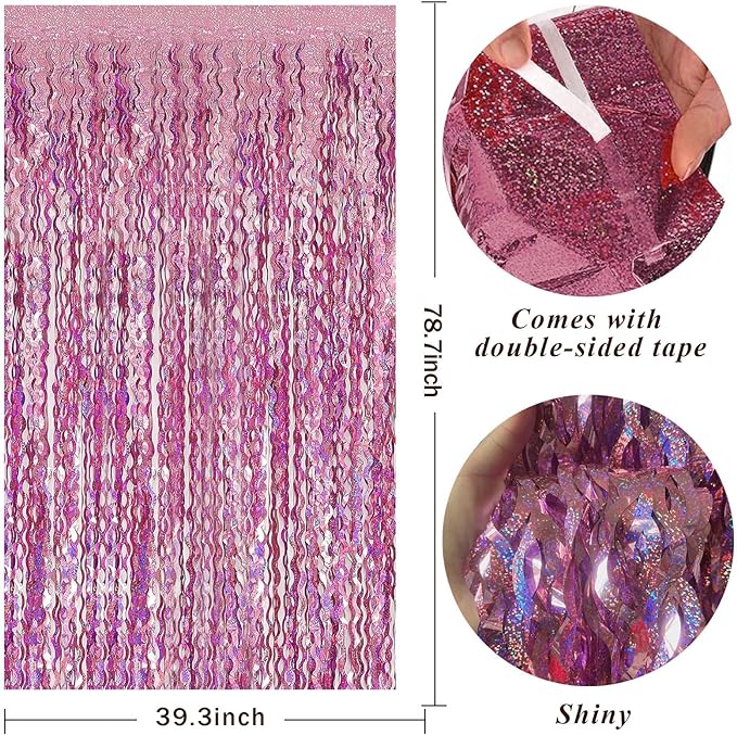 Pink Streamers Fringe Backdrop Tinsel Foil Fringe Curtains Wavy Backdrop for Parties Sparkle Metallic Wavy Foil Fringe Backdrop Curtain Photo Booth Props for Birthday Wedding