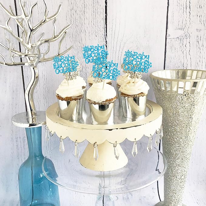 24Pcs Baby It's Cold Outside Snowflake Cupcake Toppers Glitter Winter Frozen Cupcake Picks for Winter Wonderland Baby Shower Birthday Party Cake Decorations Supplies Blue