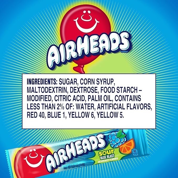 Airheads SOUR Candy Bars, Sour Blue Blast Flavored, Bulk, Concessions, Parties, Pack of 36 Bars