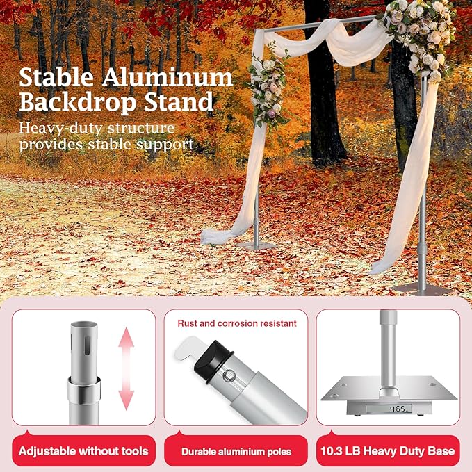 EMART Pipe and Drape Backdrop Stand Kit, 8.9ftx10ft Heavy Duty Adjustable Photo Background, Metal Frame with Flat Base for Wedding, Birthday Party, Banquet Decorations - Silver