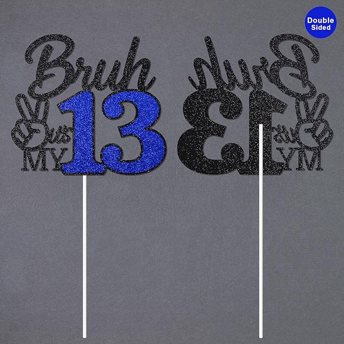 1 Pcs Bruh I'm 13 Cake Topper, Happy 13th Birthday Cake Pick, It's My 13th Birthday Party Decoration For Boys, Funny Boy Cheers To 13 Year Party Supply(Blue & Black)