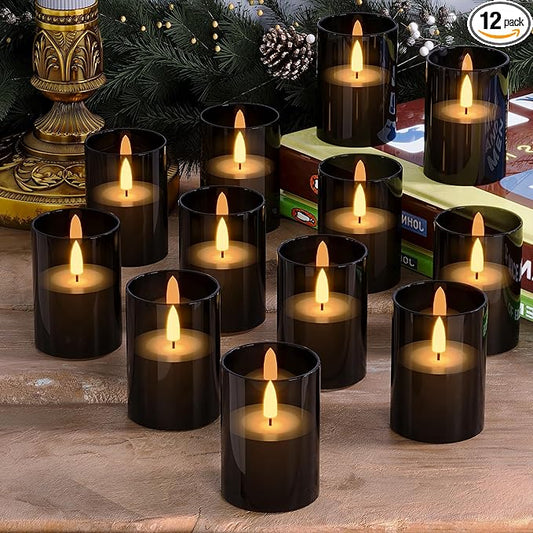 12Pack Flickering Flameless LED Candles with Timer, Battery Powered - Small Pillar & Votive, Black (2"X3")