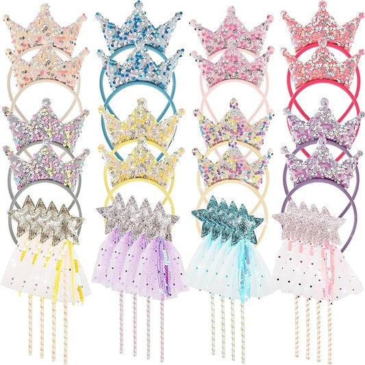 32 Pcs Star Princess Fairy Wands Kit Include 16 Glitter Star Fairy Wizard Angel Wands16 Sequin Princess Kids Crown Headbands for Cosplay Accessories Birthday Party Gifts