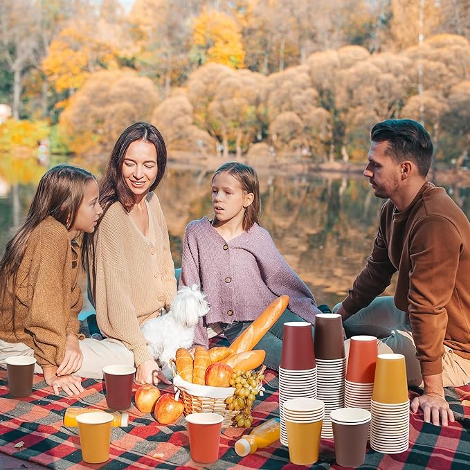 URATOT 120 Pieces 9 Ounce Disposable Paper Cups Autumn Color Party Cups Thanksgiving Fall Drinking Cups for Party, DIY, and Holiday, 4 Colors