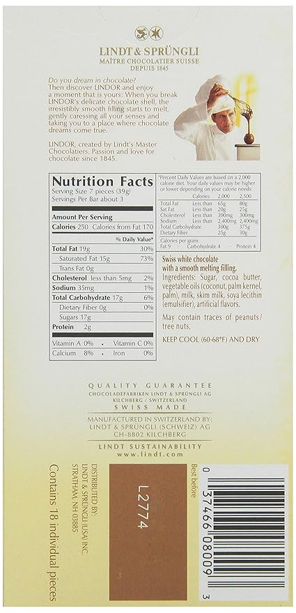 Lindt LINDOR White Chocolate Truffle Bar, White Chocolate Candy with Smooth, Melting Truffle Center, 3.5 oz. Bar (12 Pack)