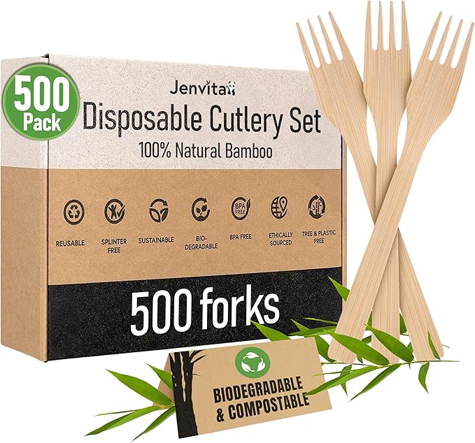 100% Bamboo Forks Set - Eco Friendly Disposable Cutlery (500 Compostable Forks) | Disposable or Reusable Bamboo Utensils | Compostable FSC Certified Silverware for Weddings, Camping, Parties