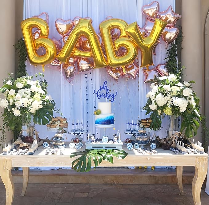 Oh Baby Cake Topper - Glitter Roval Blue Baby Shower Cake Decoration Supplies, for Baby Shower/Gender Reveal Party/Baby Birthday Party Photo Booth Props