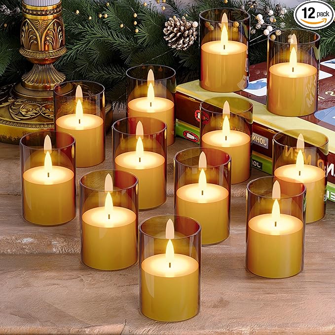 12Pack Flickering Flameless LED Candles with Timer, Battery Powered - Small Pillar & Votive, Acrylic Made, Gold (2"X3")