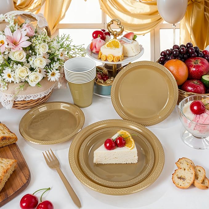 MirthMood 350PCS Gold Plastic Plates,Gold Disposable Plates –Plastic Plates Set Includes 50 Dinner,50 Dessert Plate,50 Cup&50 Napkins, 50 gold Silverware for Wedding& Parties& Birthday