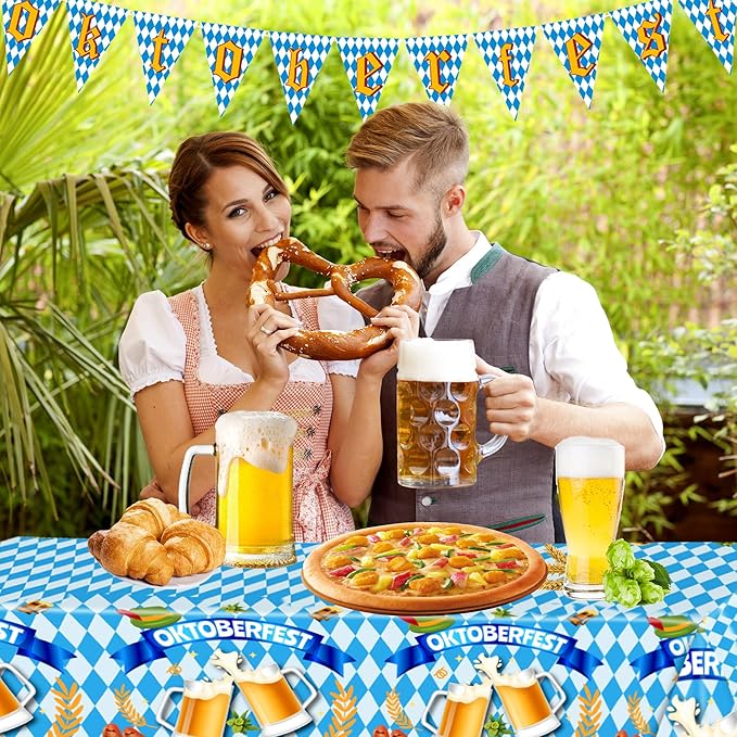 Oktoberfest Plastic Tablecloth,2Pcs Blue White Checkered Table Cover and Banner Flags for Bavarian Beer Festival Oktoberfest Party Decorations (54x108 Inch)