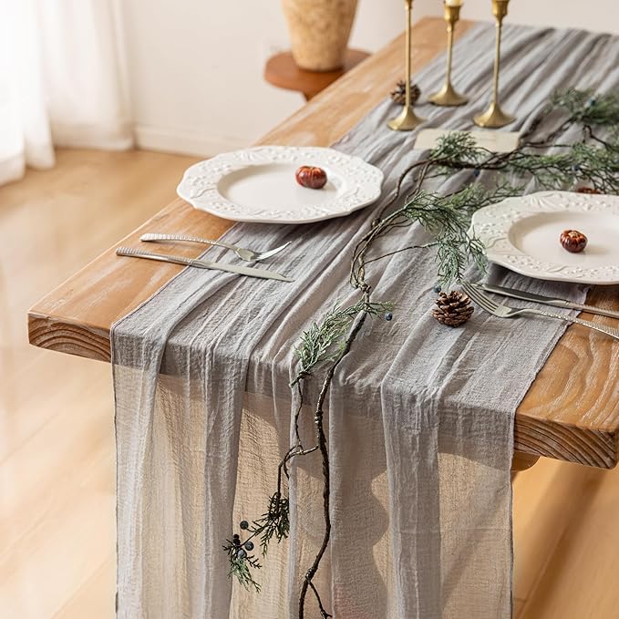 3pcs Grey Gauze Rustic Cheesecloth Table Runner 120 Inch 10 FT for Wedding Baby Shower Bridal Shower Birthday Engagement Garden Outdoor Party Long Sheer Boho Decorations