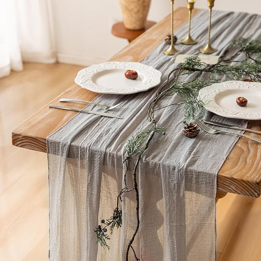 Grey Gauze Rustic Cheesecloth Table Runner 120 Inch 10 FT for Wedding Baby Shower Bridal Shower Birthday Engagement Garden Outdoor Party Long Sheer Boho Decorations