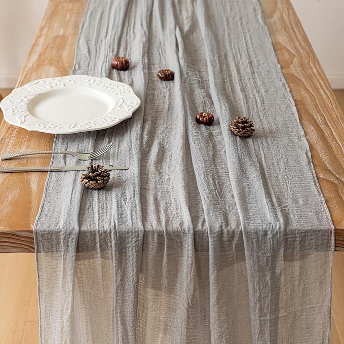 3pcs Grey Gauze Rustic Cheesecloth Table Runner 120 Inch 10 FT for Wedding Baby Shower Bridal Shower Birthday Engagement Garden Outdoor Party Long Sheer Boho Decorations