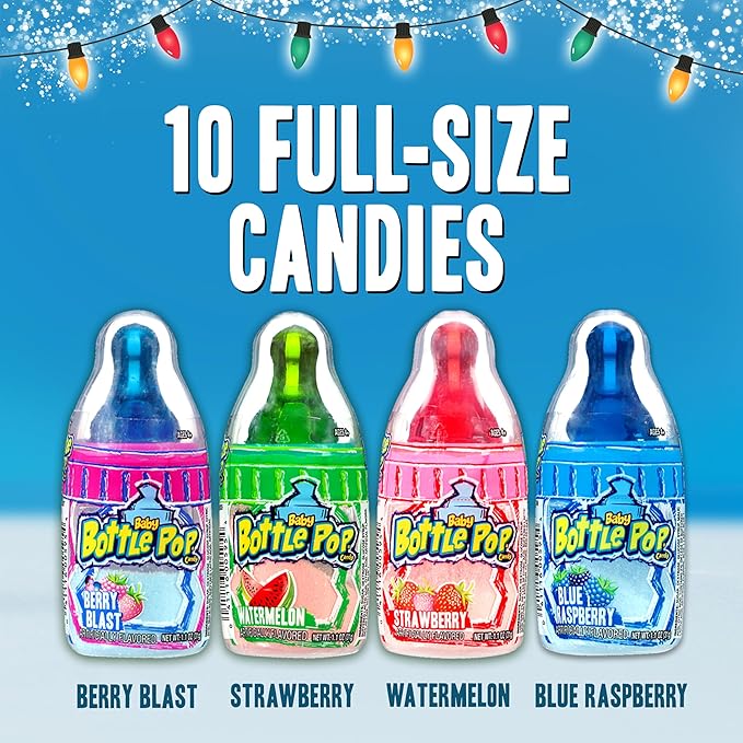 Baby Bottle Pop Candy Lollipops Variety Pack – 10 Ct Bulk Lollipops with Dipping Powder, Full Size, Individually Wrapped Christmas Candy for Party Favors, Holiday Gifts & Stocking Stuffers