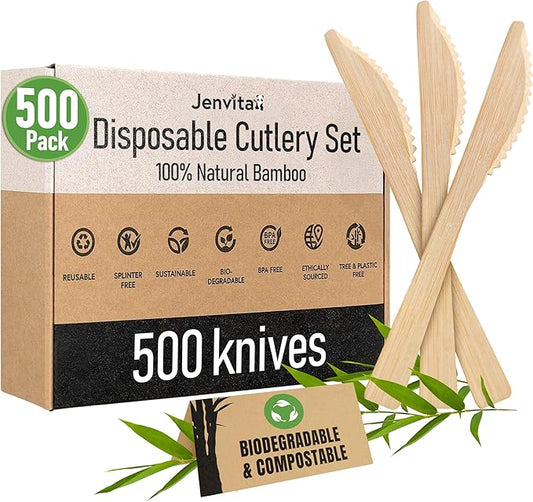 100% Bamboo Knives Set - Eco Friendly Kitchen Utensils (500 Compostable Knives) | Bamboo Utensils Disposable or Reusable | Compostable FSC Certified Silverware for Weddings, Camping, Parties
