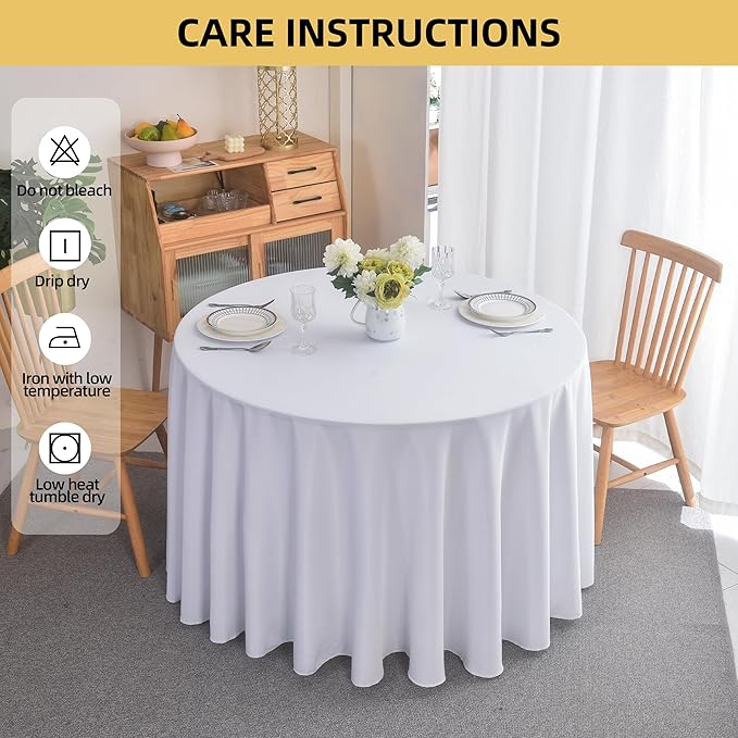 10-Pack Round 120-inch White Table Cloths, Solid Stain and Wrinkle Resistant Circular Tablecloth, Premium Plain Weave Polyester Fabric Table Linen Covers for Hotel, Banquet