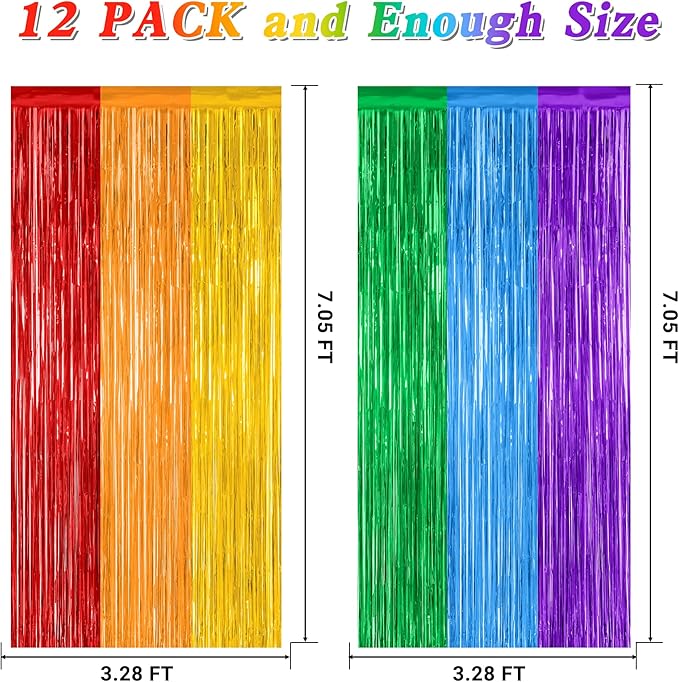12 Pack Rainbow Backdrop, 3.28 FT x 7.05 FT Pride Decorations, Metallic Fringe Curtains Party Streamer Tinsel Backdrop, Rainbow Foil Curtains Birthday Party Decor Photo Booth Props