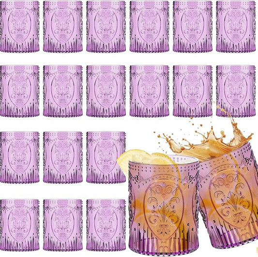 24 Plastic Vintage Drinking Glasses 8.5oz Stemless Retro Embossed Wine Glasses Shatterproof Reusable Cups for Baby Shower Wedding Reception Grand Event Party (Purple)