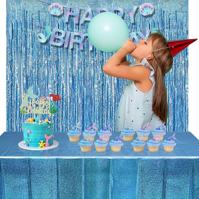 BRAVESHINE Birthdays Party Tablecloth Disposable Table Covers - Blue Plastic Rectangle Table Cloth for Boy/Girl Princess/Mermaid/Ocean/Undersea Theme Decorations - 2 Set 108" x 54"