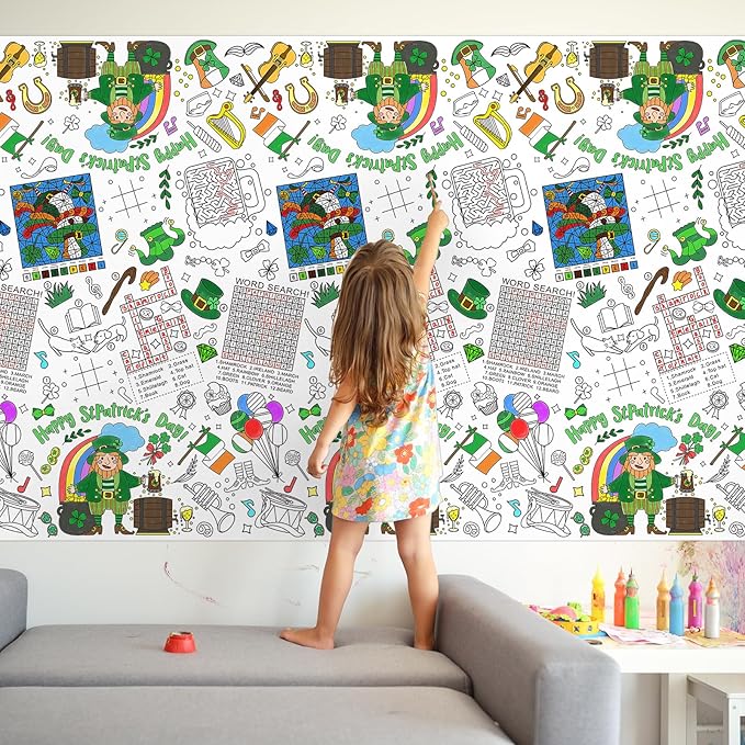 Gatherfun St. Patrick's Day Party Supplies Color-in Disposable Paper Tablecloth | 54x88 in St. Patrick's Day Party Decorations Set for Kids Birthday, School & Special Events