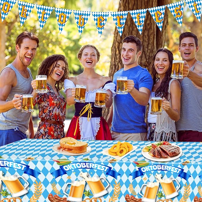 Oktoberfest Plastic Tablecloth,2Pcs Blue White Checkered Table Cover and Banner Flags for Bavarian Beer Festival Oktoberfest Party Decorations (54x108 Inch)