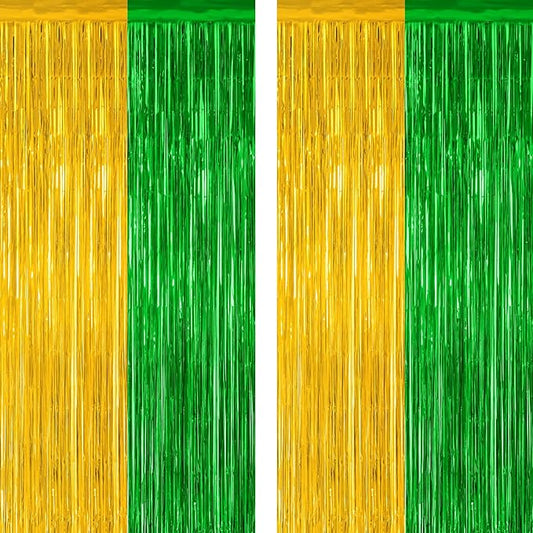 2 Pack Graduation Backdrop, Large Grad Decor 2025, Green Gold Graduation Photo Backdrop Fringe Curtains Party Streamer, Metallic Green and Gold Grad Decorations Class of 2025