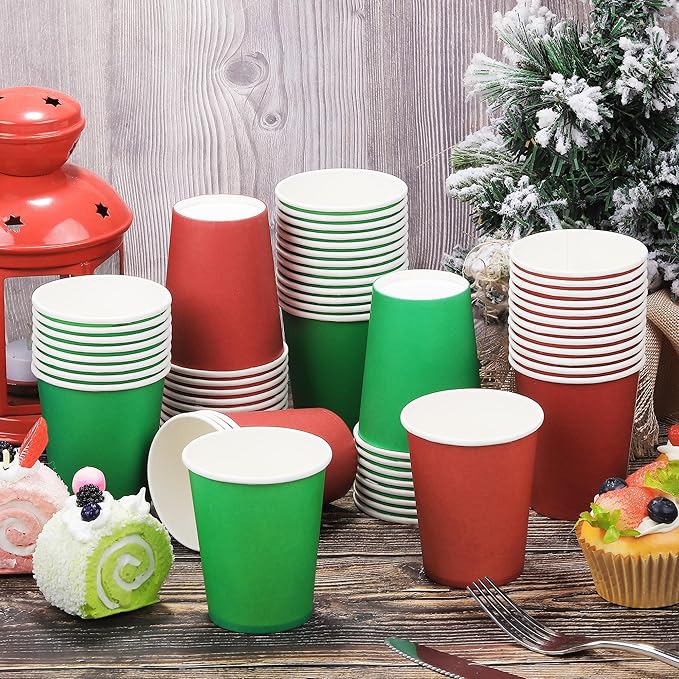 URATOT 60 Pieces 9 Ounce Disposable Paper Cups Christmas Party Cups Red Green Drinking Cups for Party, DIY, and Holiday, 2 Colors